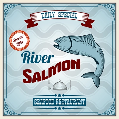 Seafood restaurant retro poster with river salmon fish vector illustration