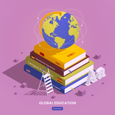 Global education student exchange isometric composition with earth globe on stack of books with clickable button vector illustration