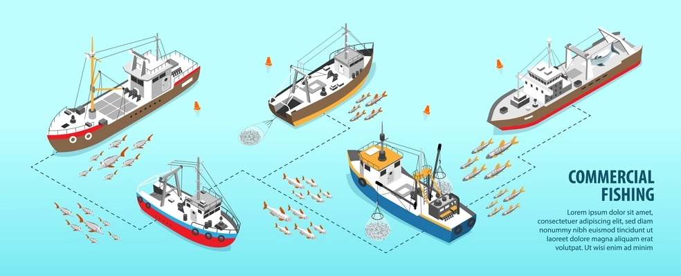 Isometric infographics with commercial fishing boats and fish shoals on blue background 3d vector illustration