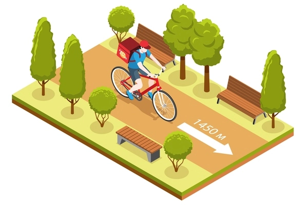 Delivery man riding bicycle along park 3d isometric vector illustration