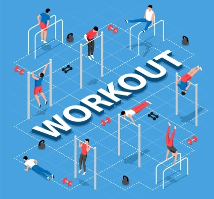 Isometric workout flowchart with men doing exercises on bars against blue background 3d vector illustration