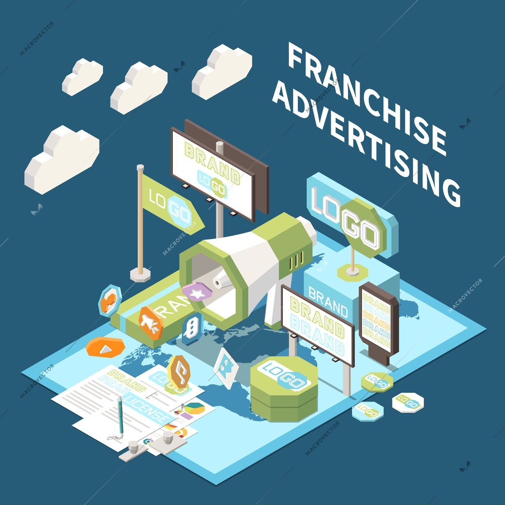 Franchise advertising isometric composition with elements promoting successful brand vector illustration