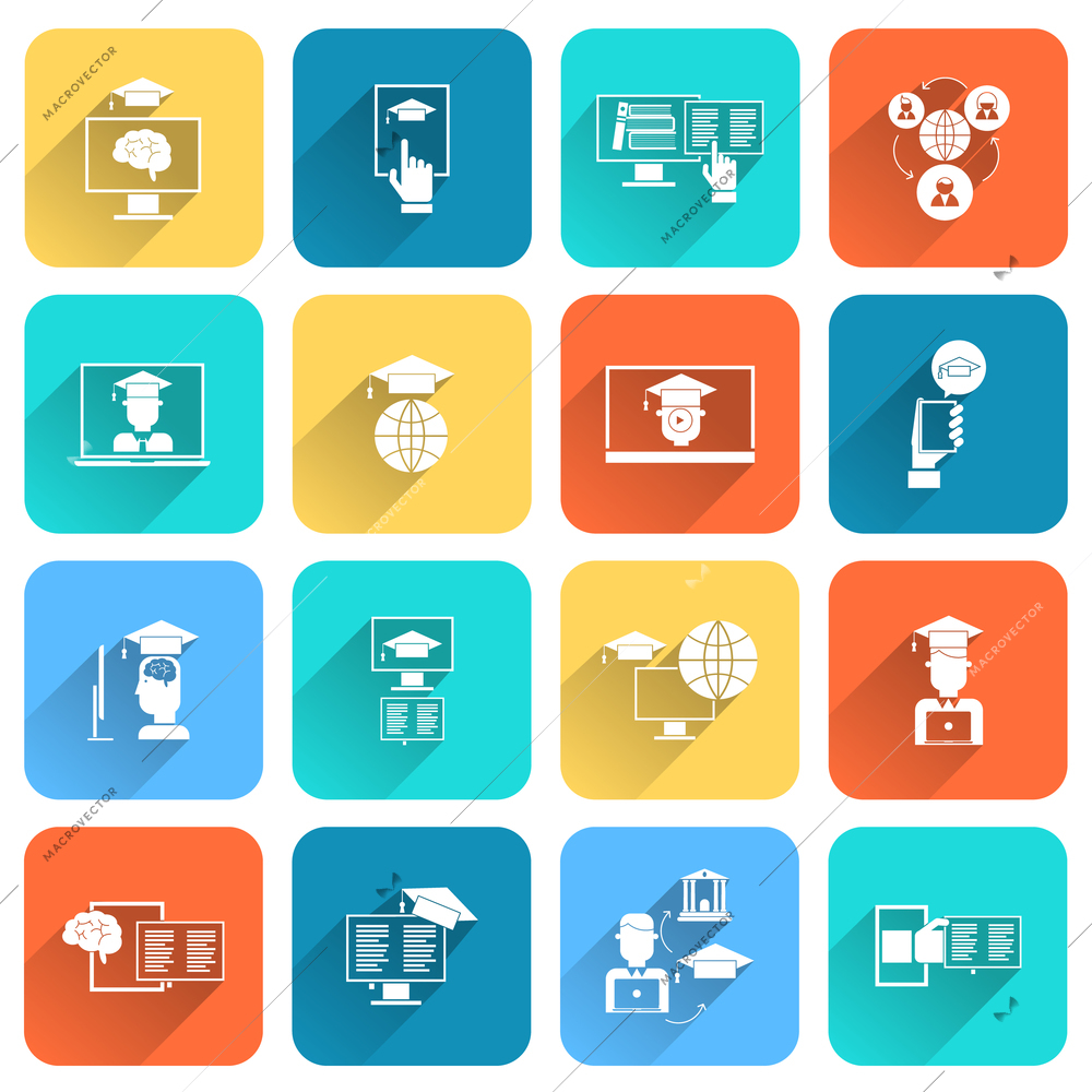 Online education digital research distance learning icons flat set isolated vector illustration