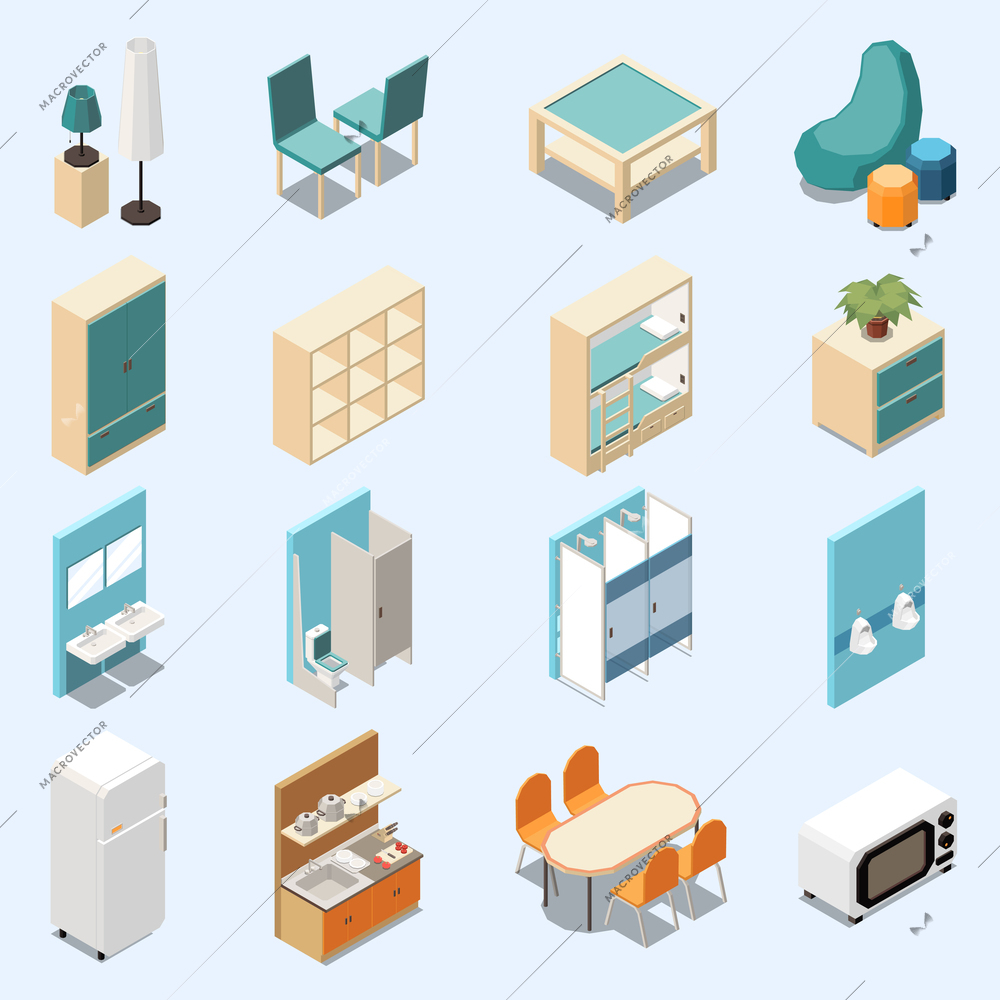 Hostel isometric set of furniture and home appliances for rest sleeping eating and hygiene isolated vector illustration