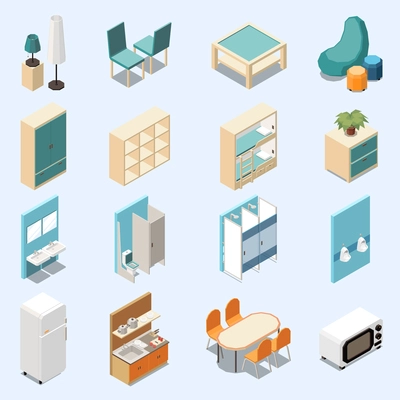 Hostel isometric set of furniture and home appliances for rest sleeping eating and hygiene isolated vector illustration