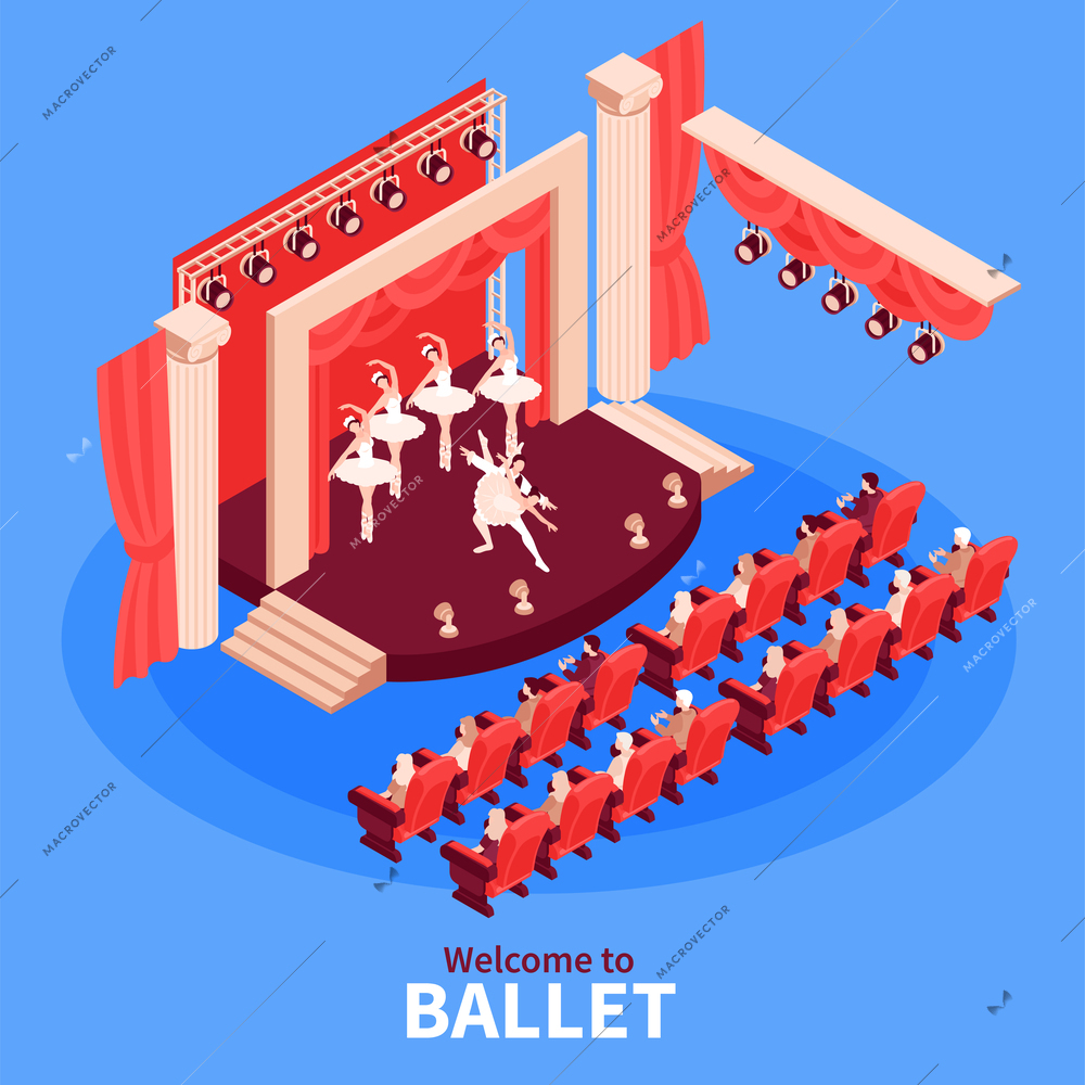 Isometric ballet composition withg ballerinas on theatre stage isolated vector illustration