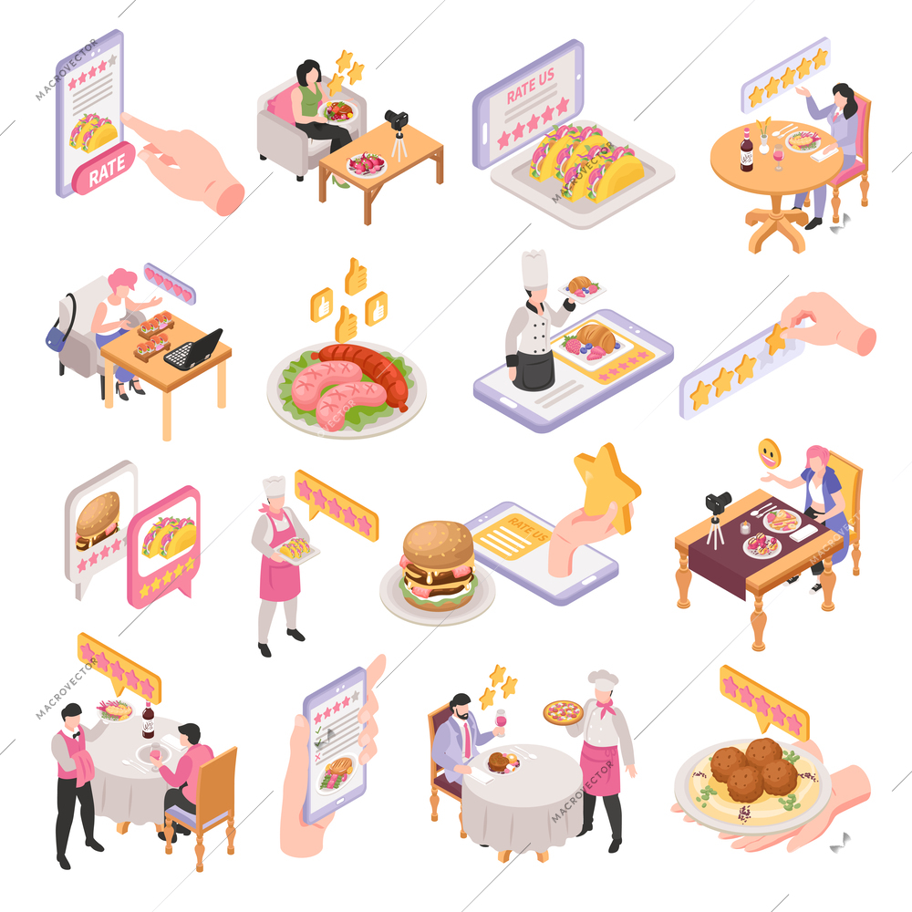 Isometric restaurant rating icons set with michelin star system isolated vector illustration