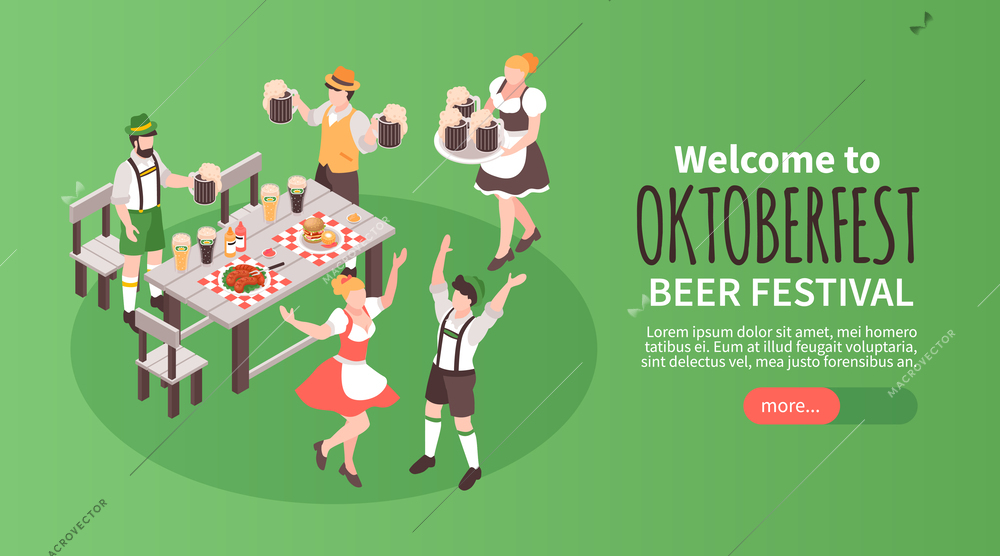 Isometric Oktoberfest festival horizontal banner with happy people drinking beer vector illustration