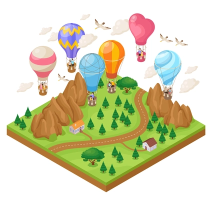 Isometric hot air balloon travel with beautiful valley vector illustration