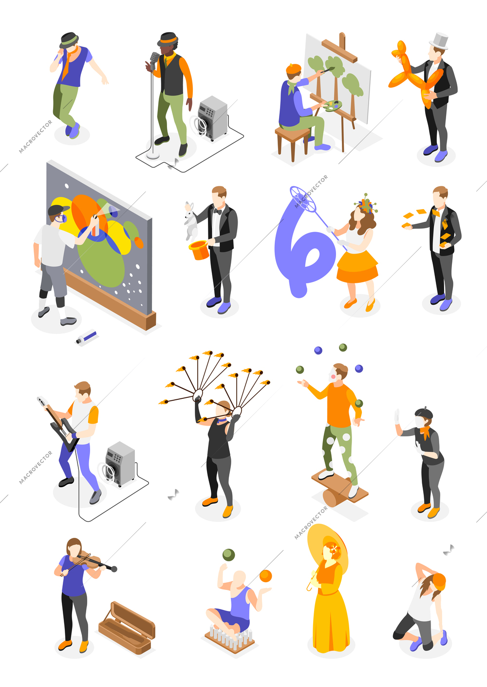 Set with isolated human characters of street artists with isometric icons of performance tools and materials vector illustration