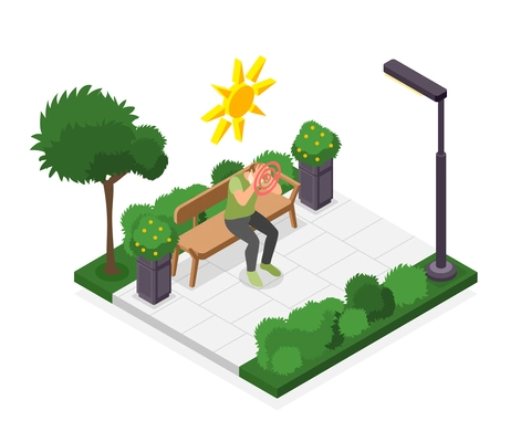 Heat stroke isometric composition with isolated piece of garden landscape with affected man sitting on bench vector illustration