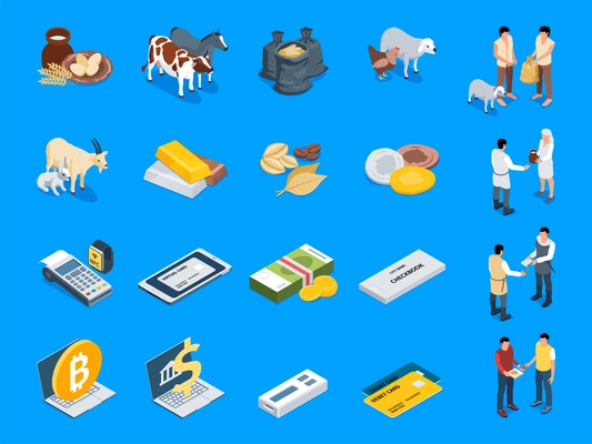 Evolution of money color set of eco food production used in natural exchange and modern means of payment isometric vector illustration