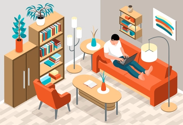 Isometric interior people composition with indoor scenery of living room with man on sofa with laptop vector illustration