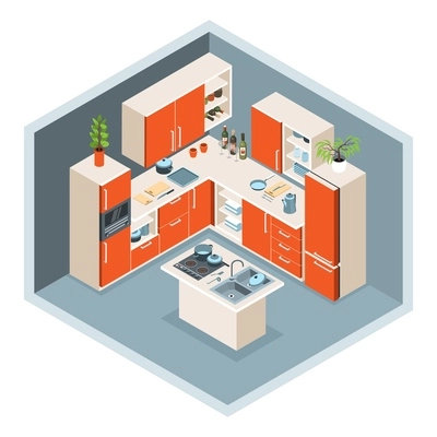 Isometric kitchen interior composition with corner view of kitchen designer furniture colored in orange with sink vector illustration