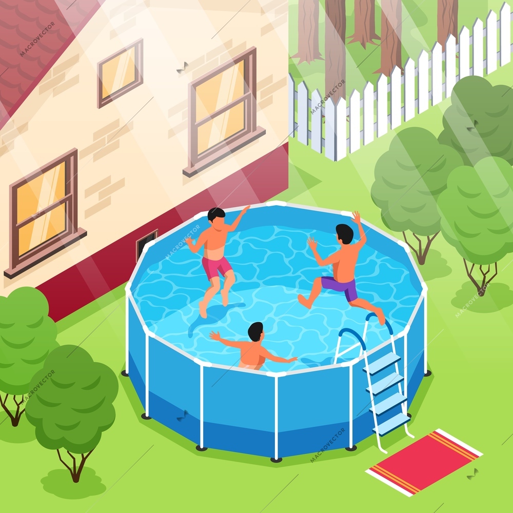 Isometric swimming pool composition with outdoor view of suburban house backyard with kids floating inside pool vector illustration