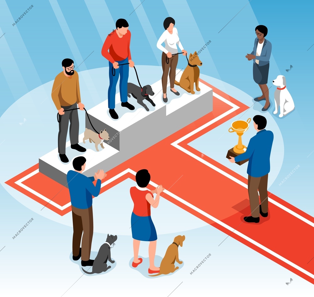 Isometric dog show composition with view of red carpet with winners podium and dogs with masters vector illustration