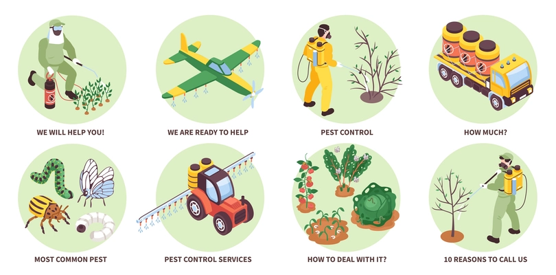 Isometric agriculture pest control compositions set with farm workers and equipment isolated vector illustration