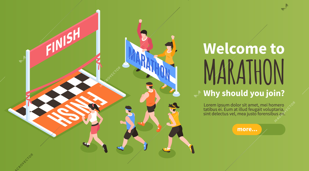 Isometric marathon horizontal banner with people running to finish line vector illustration