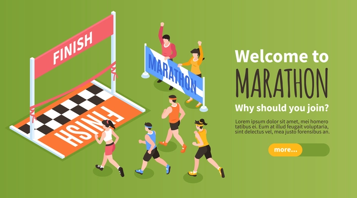 Isometric marathon horizontal banner with people running to finish line vector illustration
