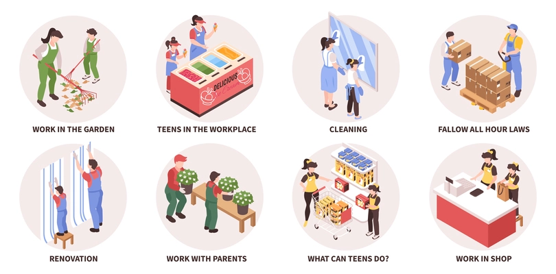 Teenagers work isometric composition set with young people working in stores and garden isolated vector illustration