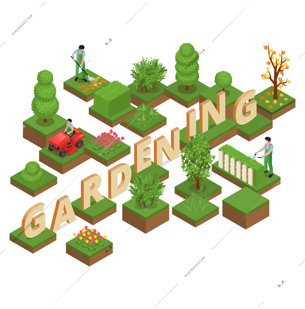 Gardening isometric design concept set of natural landscapes with decorative trees shrubs and green lawns vector illustration