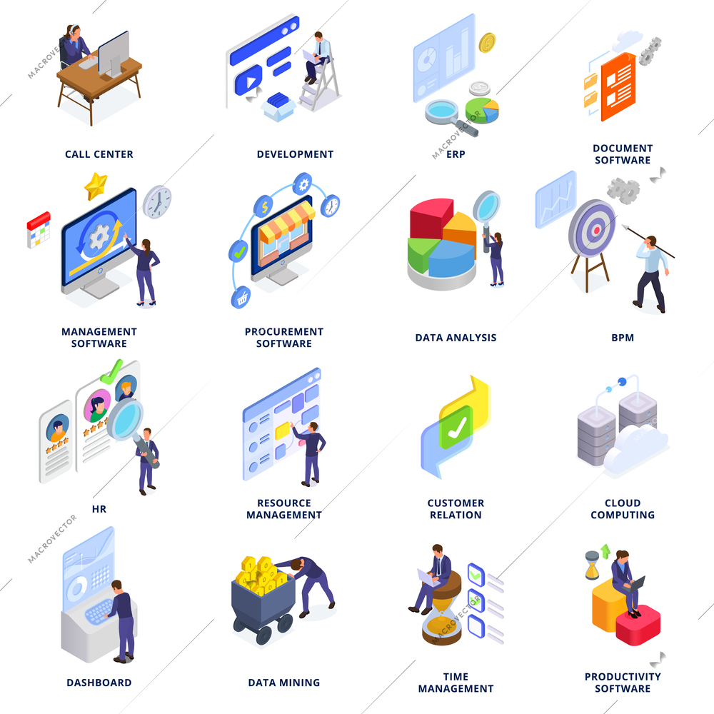 Business software isometric set of call center development customer relation data mining procurement dashboard isolated icons vector illustration