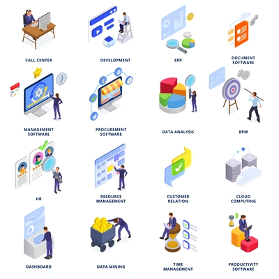 Business software isometric set of call center development customer relation data mining procurement dashboard isolated icons vector illustration