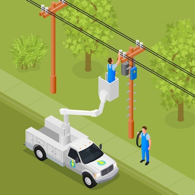 Electrical works isometric background with professional electricians working on power line support and pole vector illustration