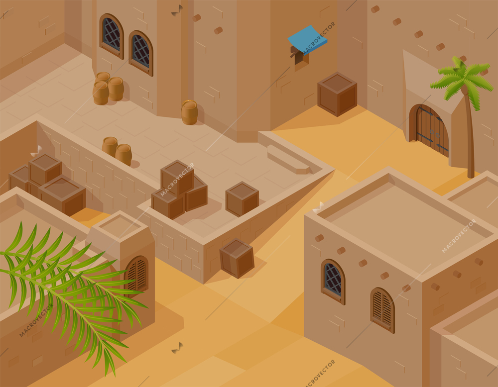 Fragment of desert landscape with traditional mud brick houses isometric background vector illustration