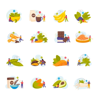 Healthy high magnesium foods flat icons set with tiny human characters isolated vector illustration