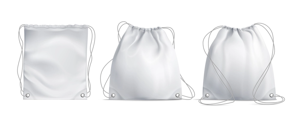 Three white drawstring bags of different forms on white background realistic set isolated vector illustration