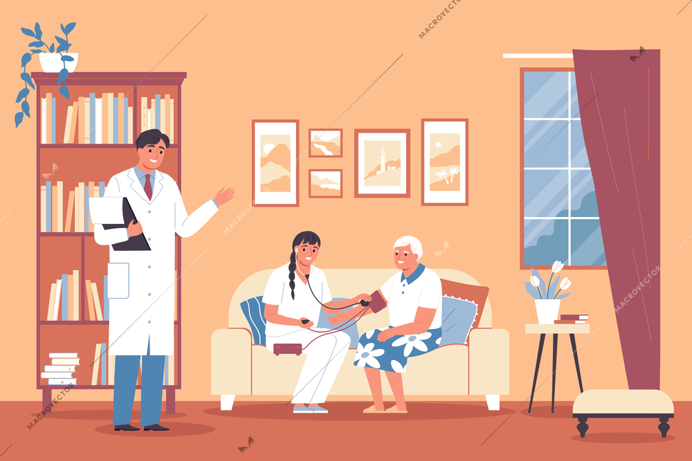 Nursing home doctor composition doctor and  nurse pair up to monitor her health and take the old ladys blood pressure vector illustration