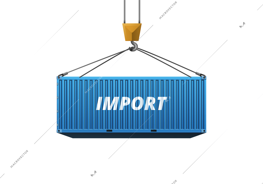 Blue cargo container on hook against white background realistic vector illustration