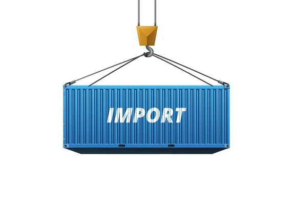 Blue cargo container on hook against white background realistic vector illustration