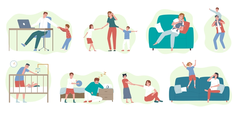 Tired stressed parents children flat icons set isolated vector illustration