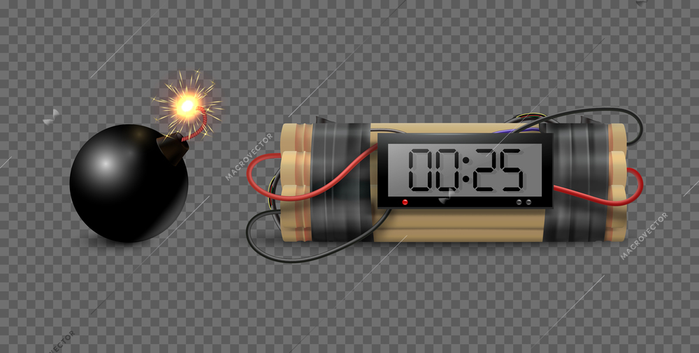 Dynamite bomb realistic set with isolated images of bomb with digital timer clock and vintage bomb vector illustration