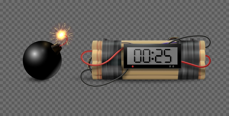 Dynamite bomb realistic set with isolated images of bomb with digital timer clock and vintage bomb vector illustration