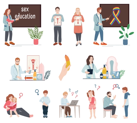 Sex education flat icons set of adult people teaching children in school at home and online isolated vector illustration