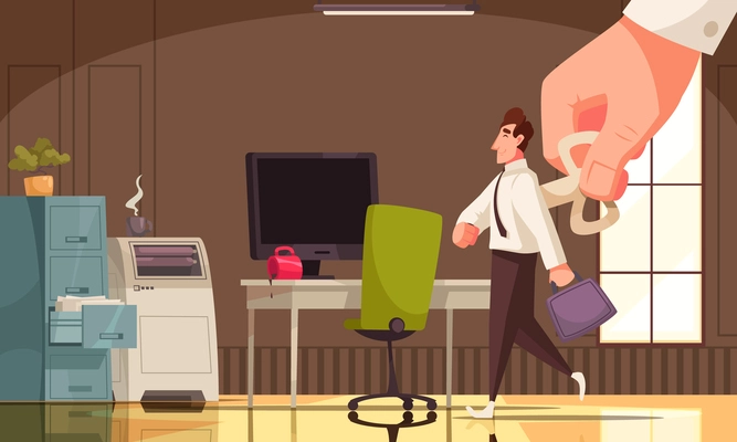 Business manipulation cartoon background with office employee driven by key in giant human hand vector illustration