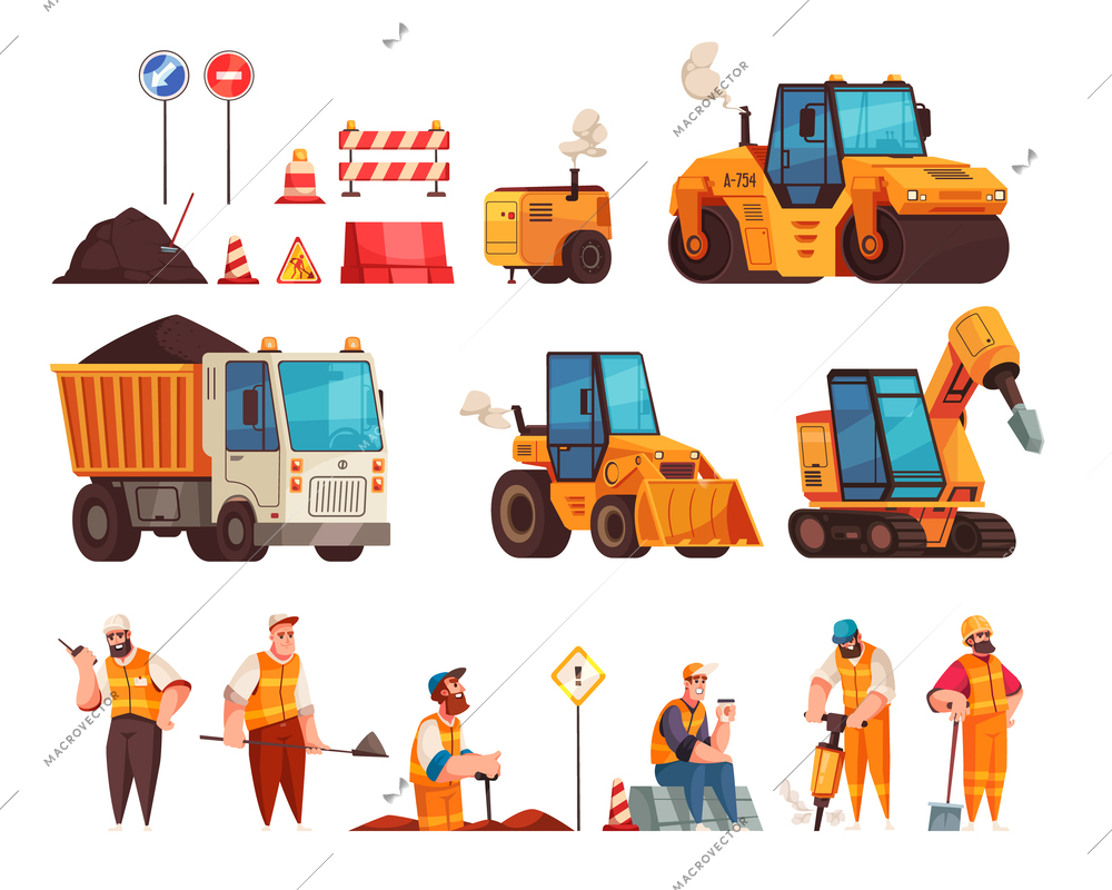 Road repair machinery cartoon set of tractor roller bulldozer isolated vector illustration