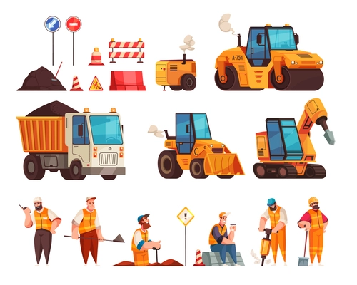 Road repair machinery cartoon set of tractor roller bulldozer isolated vector illustration