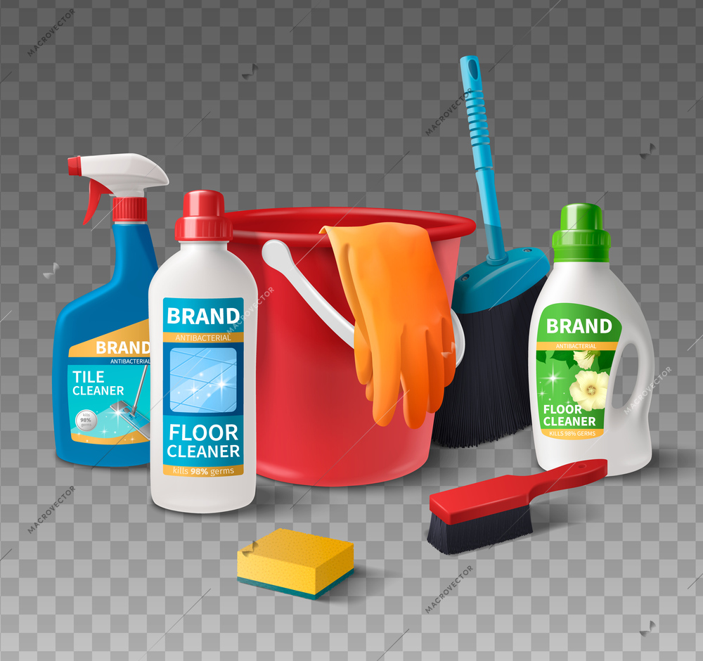 Household cleaning products composition with realistic detergent bottles on transparent background vector illustration