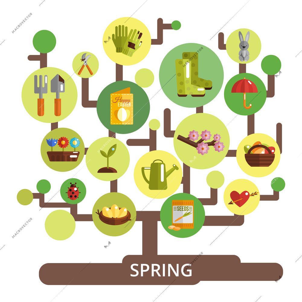 Spring season concept with decorative tree and springtime symbols vector illustration