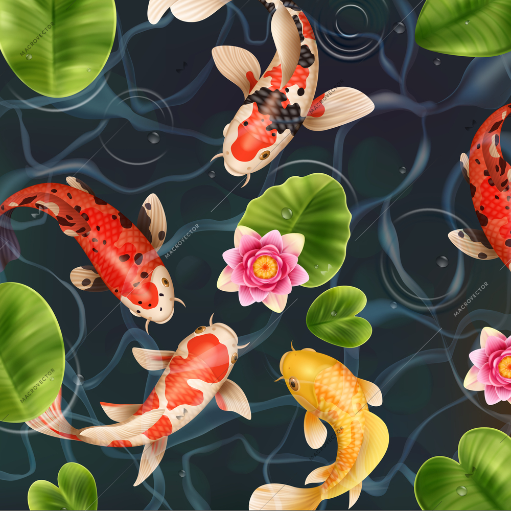 Realistic koi fish background with top view of lake with floating fishes and flowers with leaves vector illustration