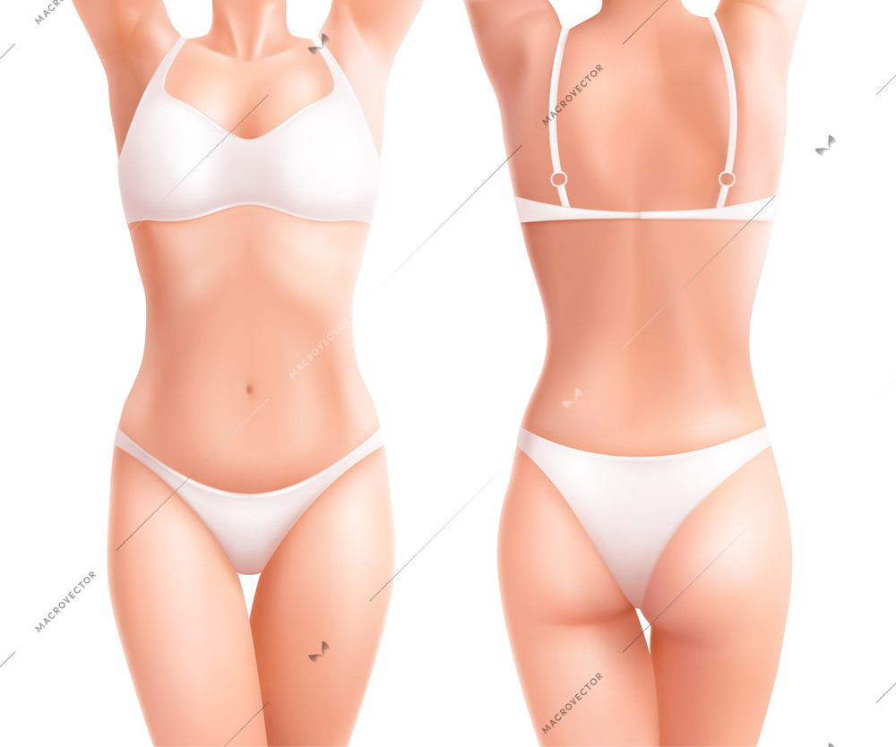 Female woman body set with realistic front and rear views of girl body wearing white lingerie vector illustration