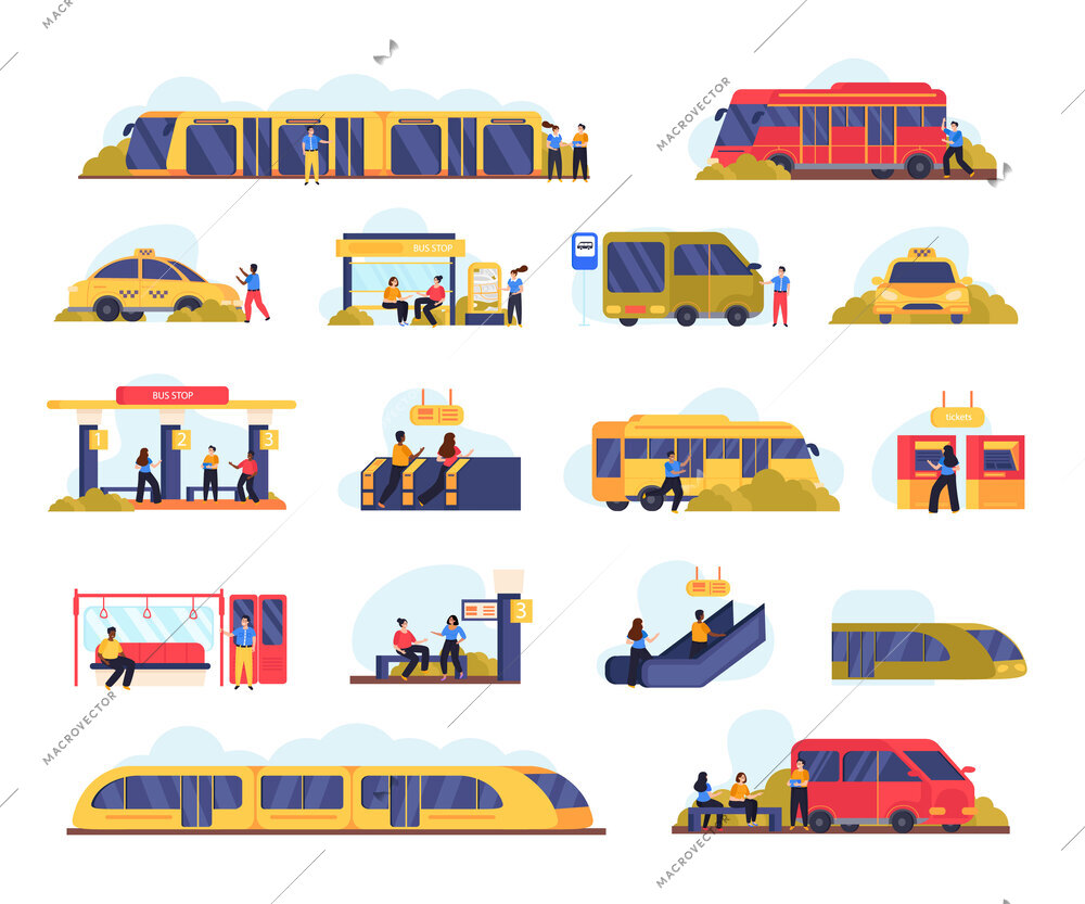 People in public transport flat set with characters waiting for bus going up escalator buying tickets isolated vector illustration