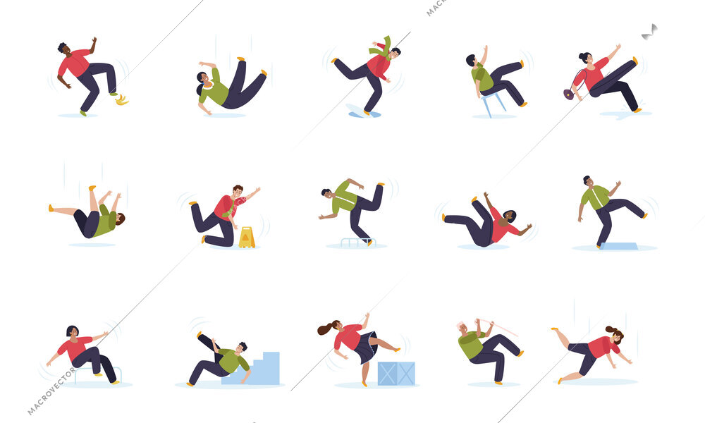 Flat set of people falling down stairs into sewer hatch off stool slipping on banana peel stumbling isolated vector illustration