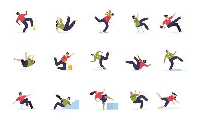 Flat set of people falling down stairs into sewer hatch off stool slipping on banana peel stumbling isolated vector illustration