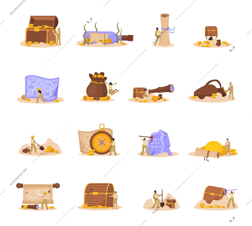 Treasure hunt flat icons set with old chests scroll compass map and human characters with archaeological tools isolated vector illustration