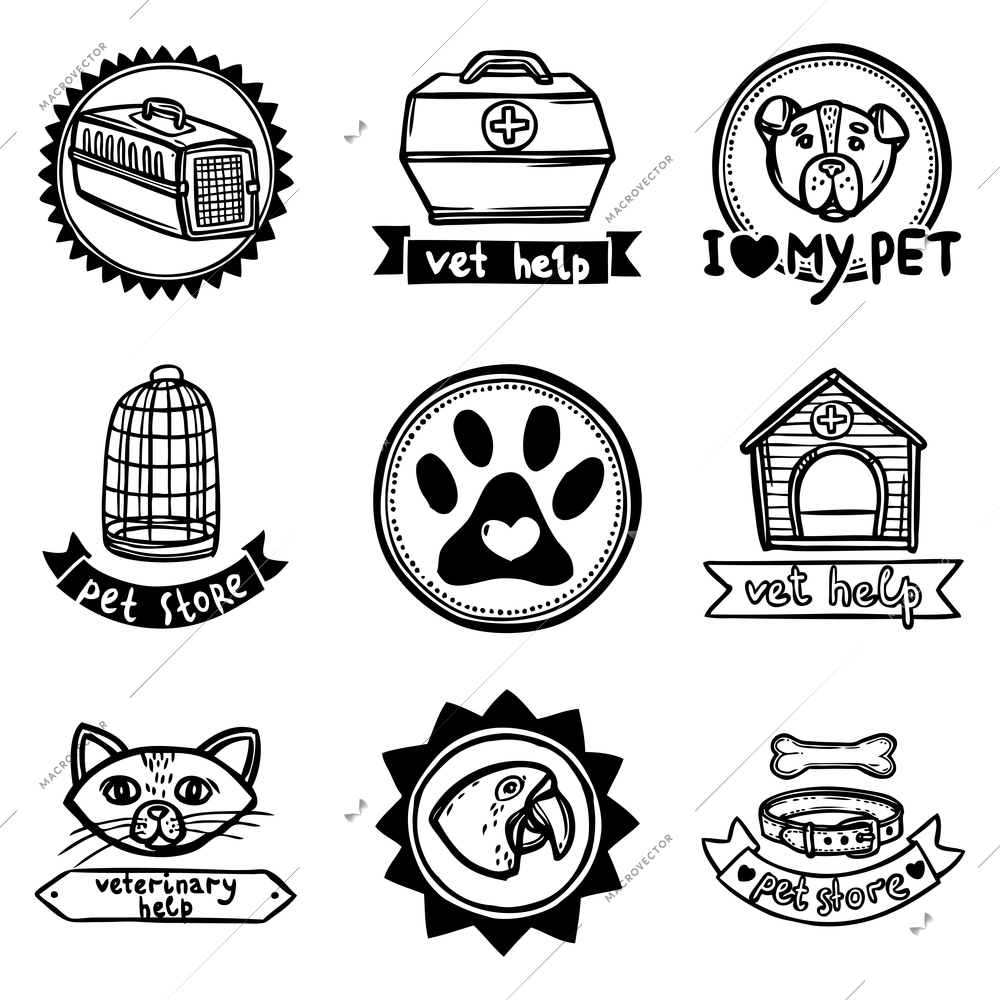 Veterinary vet help pet store sketch emblems set isolated vector illustration